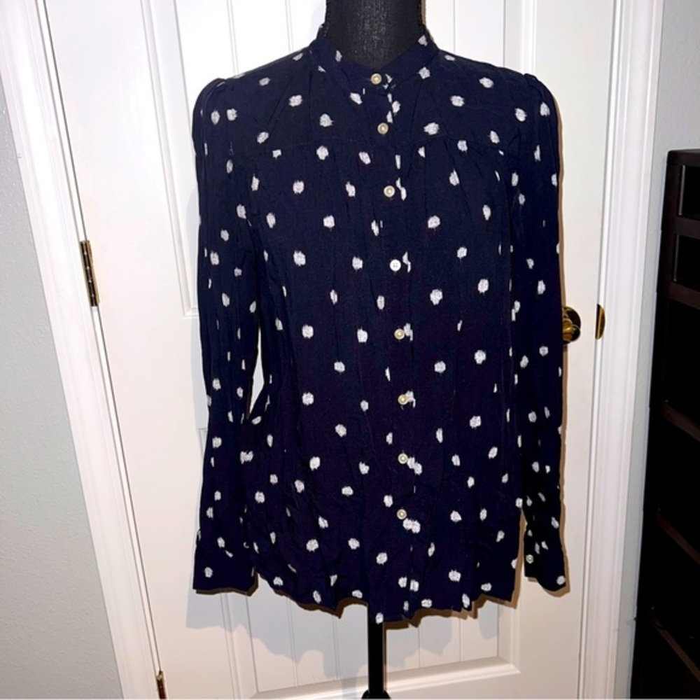 LOFT Navy White Polka-Dot Blouse Button-Down Top